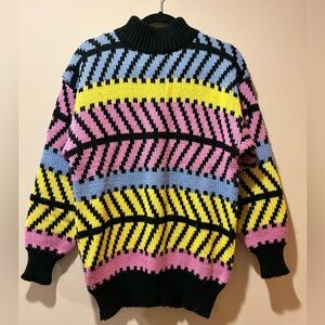 Vintage Graphic 80s 90s Evian LTD Colorful Sweater Womens Large Pink Yellow Blue